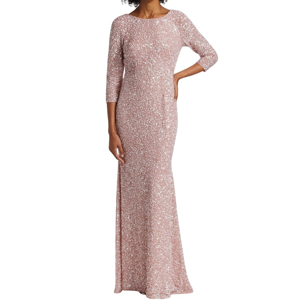 Theia Sequin Gown Blush Pink Formal Evening Dress 3/4 Sleeve Wedding Size 4